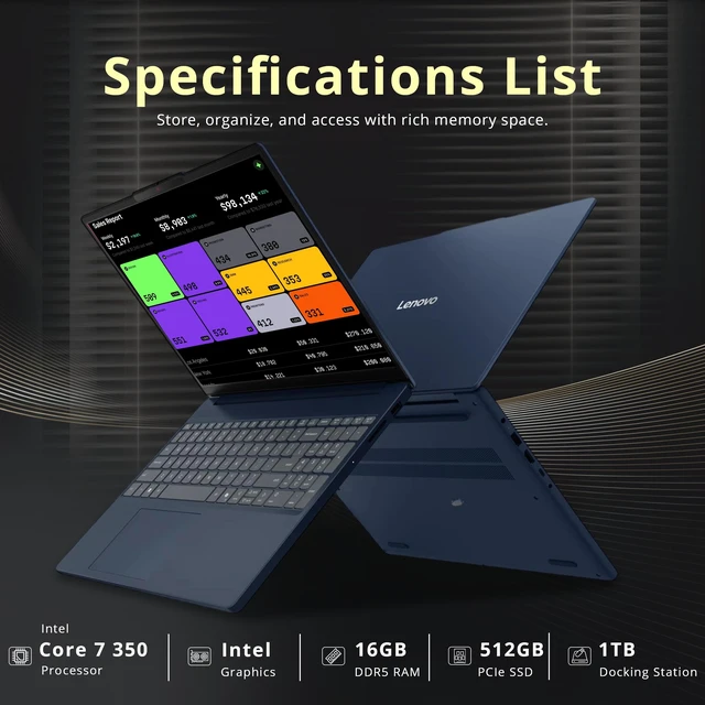 Alt view image 3 of 7 - Lenovo IdeaPad Slim 3i 15.3" WUXGA Touch Laptop, Intel Core 7 350, 16GB DDR5 RAM, 1.5TB Storage (512GB SSD+1TB Docking Station), Intel Graphics, 720p HD Camera, Numeric Keypad, Win 11 Pro, Cosmic Blue