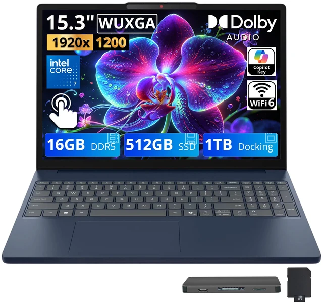 Main image of Lenovo IdeaPad Slim 3i 15.3" WUXGA Touch Laptop, Intel Core 7 350, 16GB DDR5 RAM, 1.5TB Storage (512GB SSD+1TB Docking Station), Intel Graphics, 720p HD Camera, Numeric Keypad, Win 11, Cosmic Blue