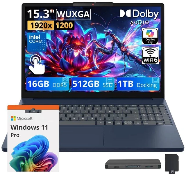 Main image of Lenovo IdeaPad Slim 3i 15.3" WUXGA Touch Laptop, Intel Core 7 350, 16GB DDR5 RAM, 1.5TB Storage (512GB SSD+1TB Docking Station), Intel Graphics, 720p HD Camera, Numeric Keypad, Win 11 Pro, Cosmic Blue