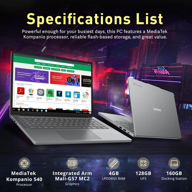 Alt view image 3 of 7 - Lenovo Chromebook 14M8911 14" WUXGA Touch Laptop, MediaTek Kompanio 540, 4GB LPDDR5X, 288GB Storage(128GB UFS+160GB Docking Station), Arm Mali-G57 MC2, Backlit Keyboard, Wi-Fi 6E, Chrome OS, Luna Grey