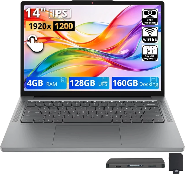 Main image of Lenovo Chromebook 14M8911 14" WUXGA Touch Laptop, MediaTek Kompanio 540, 4GB LPDDR5X, 288GB Storage(128GB UFS+160GB Docking Station), Arm Mali-G57 MC2, Backlit Keyboard, Wi-Fi 6E, Chrome OS, Luna Grey
