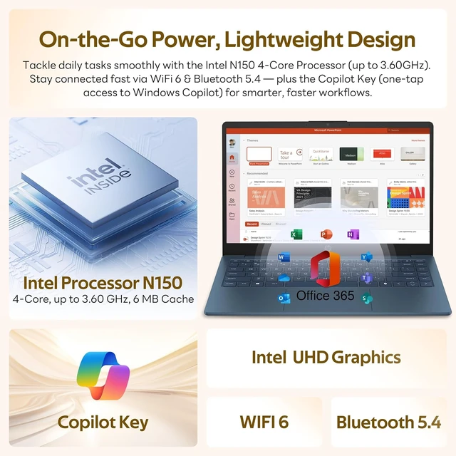 Alt view image 5 of 7 - HP Stream 14" HD Student&Business Laptop with AI Copilot, Intel Processor N150, 4GB RAM, 288GB Storage(128GB UFS+160GB Docking Station), 1 Year Office 365, Wi-Fi 6, Win 11, Waterfall Blue