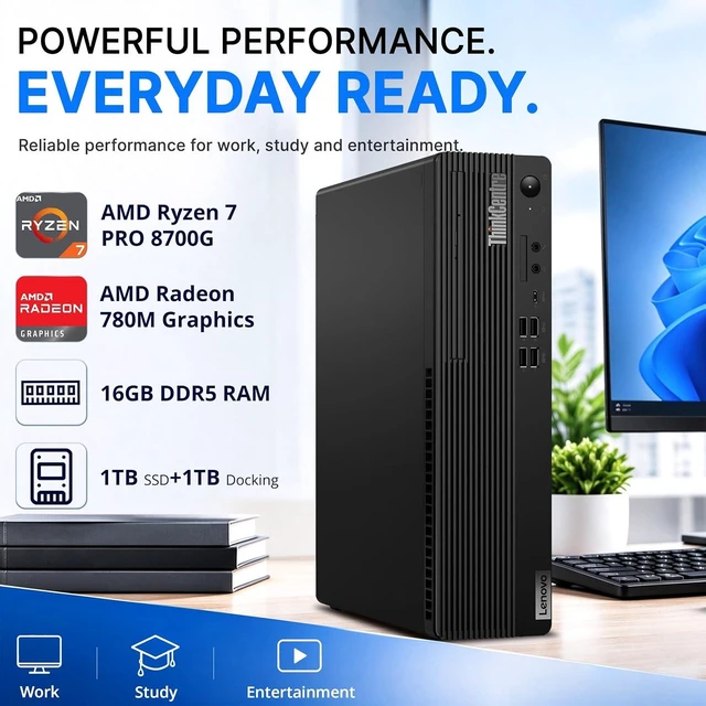 Alt view image 4 of 7 - Lenovo ThinkCentre M75s Gen 5 Business Desktop, AMD Ryzen 7 PRO 8700G, 16GB DDR5, 2TB Storage (1TB SSD+1TB Docking Station), AMD Radeon 780M, Wi-Fi 6, Wired Keyboard & Mouse, Win 11 Pro, Black