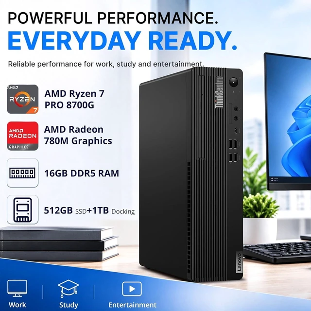 Alt view image 4 of 7 - Lenovo ThinkCentre M75s Gen 5 Business Desktop, AMD Ryzen 7 PRO 8700G, 16GB DDR5, 1.5TB Storage (512GB SSD+1TB Docking Station), AMD Radeon 780M, Wi-Fi 6, Wired Keyboard & Mouse, Win 11 Pro, Black
