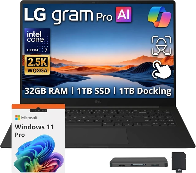 Main image of LG gram Pro 16" WQXGA Touchscreen Dual AI Business Laptop, Intel Core Ultra 7 355, 32GB LPDDR5X, 2TB Storage(1TB SSD+1TB Docking Station Set), Backlit Keyboard, Facial recognition, Win 11 Pro, Black
