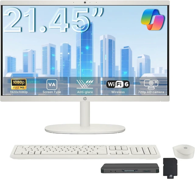 Main image of HP 21.45" FHD All-in-One Business Desktop, Intel Processor N200, 8GB DDR5, 288GB Storage (128GB UFS+160GB Docking Station), Intel UHD Graphics, Wireless Keyboard & Mouse, Wi-Fi 6, Win 11 S, White