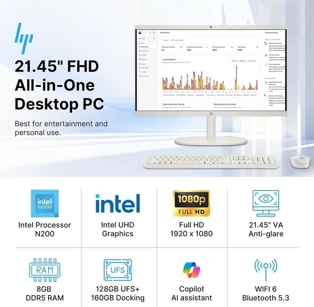Alt view image 3 of 7 - HP 21.45" FHD All-in-One Business Desktop, Intel Processor N200, 8GB DDR5, 288GB Storage (128GB UFS+160GB Docking Station), Intel UHD Graphics, Wireless Keyboard & Mouse, Wi-Fi 6, Win 11 S, White