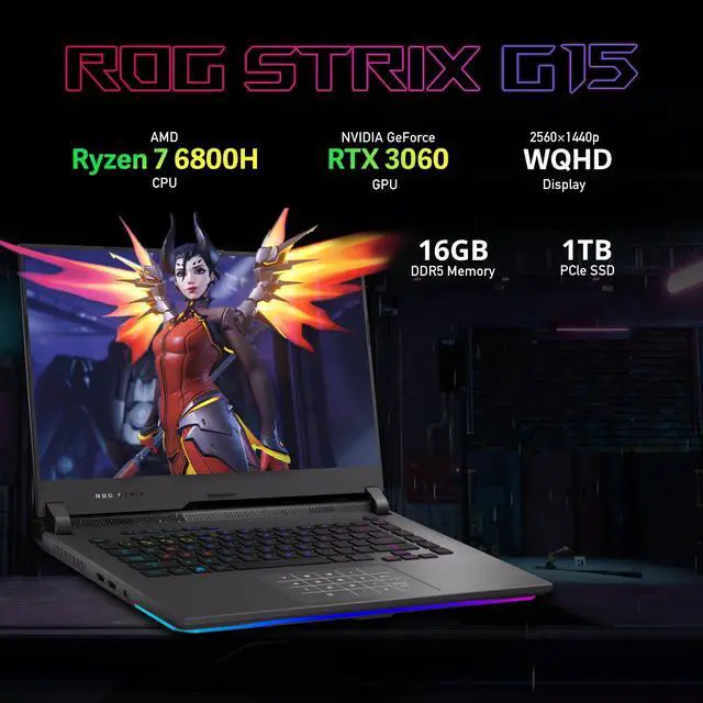 Alt view image 2 of 7 - ASUS ROG Strix G15 Gaming Laptop, 15.6" WQHD 165Hz IPS Display, AMD Ryzen 7-6800H, 16GB DDR5, 1TB SSD, RGB Backlit Keyboard, GeForce RTX 3060 6G, Win 11 Pro, WI-FI 6, Gray, with 32GB USB Card