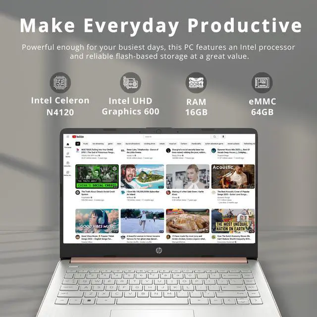 Alt view image 2 of 7 - HP Premium 14" Stream HD Laptop, Intel Celeron N4120 CPU, 16GB RAM, 64GB eMMC, Webcam, UHD Graphics, Bluetooth, WiFi, HDMI, 1 Year Office 365, Win 11 S, Gold, 32GB Hotface USB Card