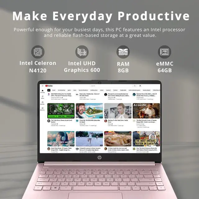 Alt view image 2 of 7 - HP Premium 14" Stream HD Laptop, Intel Celeron N4120 CPU, 8GB RAM, 64GB eMMC, Webcam, UHD Graphics, Bluetooth, WiFi, HDMI, 1 Year Office 365, Win 11 S, Pink, 32GB Hotface USB Card