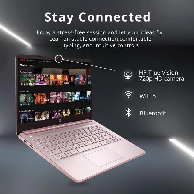 Alt view image 5 of 7 - HP Premium 14" Stream HD Laptop, Intel Celeron N4120 CPU, 8GB RAM, 64GB eMMC, Webcam, UHD Graphics, Bluetooth, WiFi, HDMI, 1 Year Office 365, Win 11 S, Pink, 32GB Hotface USB Card
