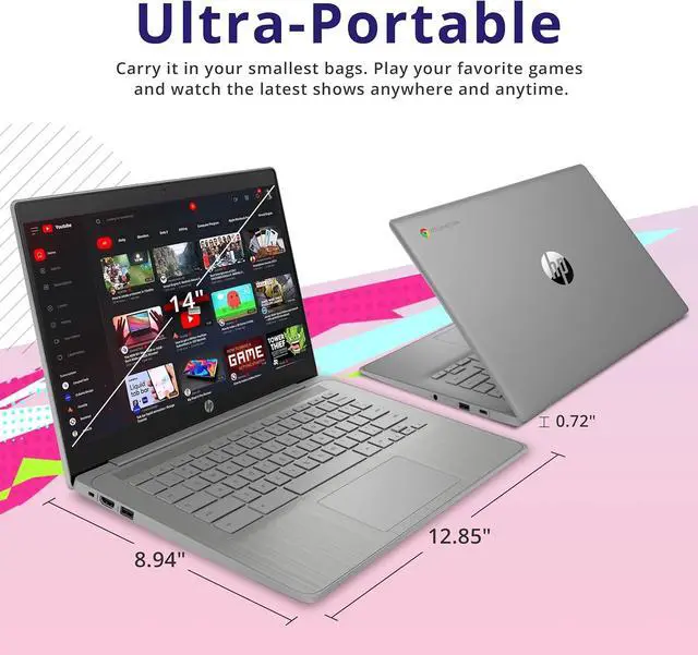 Alt view image 6 of 7 - HP Chromebook 14" HD Laptop, Intel Celeron N4120, 4GB LPDDR4, 64GB eMMC, Intel UHD Graphics 600, Webcam, Bluetooth, Wi-Fi, Long Battery Life, Chrome OS, Modern Gray, 128GB Hotface USB Card
