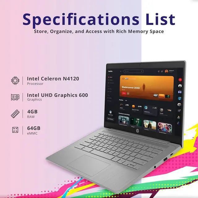 Alt view image 2 of 7 - HP Chromebook 14" HD Laptop, Intel Celeron N4120, 4GB LPDDR4, 64GB eMMC, Intel UHD Graphics 600, Webcam, Bluetooth, Wi-Fi, Long Battery Life, Chrome OS, Modern Gray, 128GB Hotface USB Card