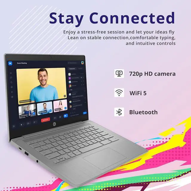 Alt view image 3 of 7 - HP Chromebook 14" HD Laptop, Intel Celeron N4120, 4GB LPDDR4, 64GB eMMC, Intel UHD Graphics 600, Webcam, Bluetooth, Wi-Fi, Long Battery Life, Chrome OS, Modern Gray, 128GB Hotface USB Card