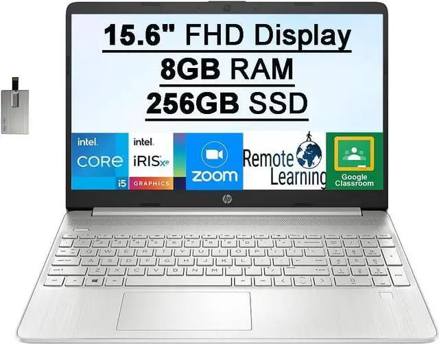 Main image of HP 15.6" FHD IPS Laptop Computer, 11th Gen Intel Core i5-1135G7 (Beats i7-1065G7), 8GB RAM, 256GB PCIe SSD, Intel UHD Graphics, HD Audio, HD Webcam, Fingerprint, Win 11S, Silver, 32GB USB Card