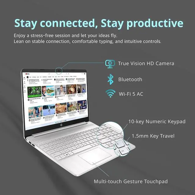 Alt view image 4 of 7 - HP 15.6" FHD Laptop, Intel Core i3-1215U, 32GB DDR4 RAM, 2TB SSD, Intel UHD Graphics, Numeric Keypad, HD Camera, WiFi, Bluetooth, Windows 11, Silver, 32GB Hotface USD Card