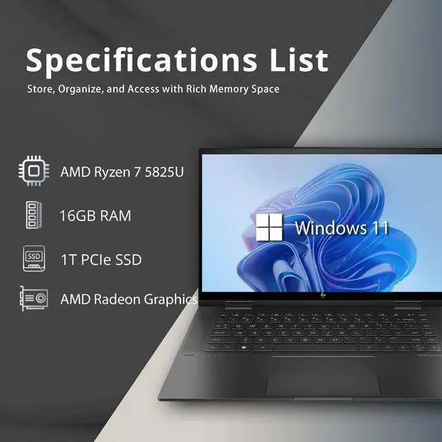 Alt view image 2 of 7 - HP Envy x360 Convertible 15.6" Laptop, AMD Ryzen 7 5825U Processor, 16 GB RAM, 1TB SSD, AMD Radeon Graphics, Windows 11 Home (15-eu1026nr, Nightfall Black Aluminum) (Renewed)