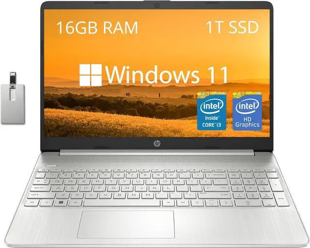 Main image of HP 15.6" FHD Laptop, Intel Core i3-1215U, 16GB DDR4 RAM, 1TB SSD, Intel UHD Graphics, Numeric Keypad, HD Camera, WiFi, Bluetooth, Windows 11, Silver, 32GB Hotface USD Card