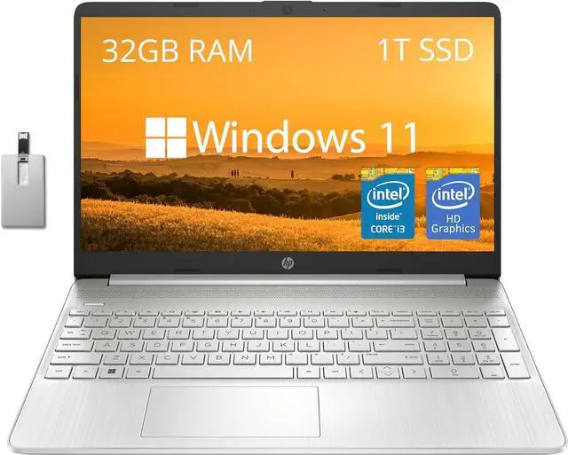 Main image of HP 15.6" FHD Laptop, Intel Core i3-1215U, 32GB DDR4 RAM, 1TB SSD, Intel UHD Graphics, Numeric Keypad, HD Camera, WiFi, Bluetooth, Windows 11, Silver, 32GB Hotface USD Card