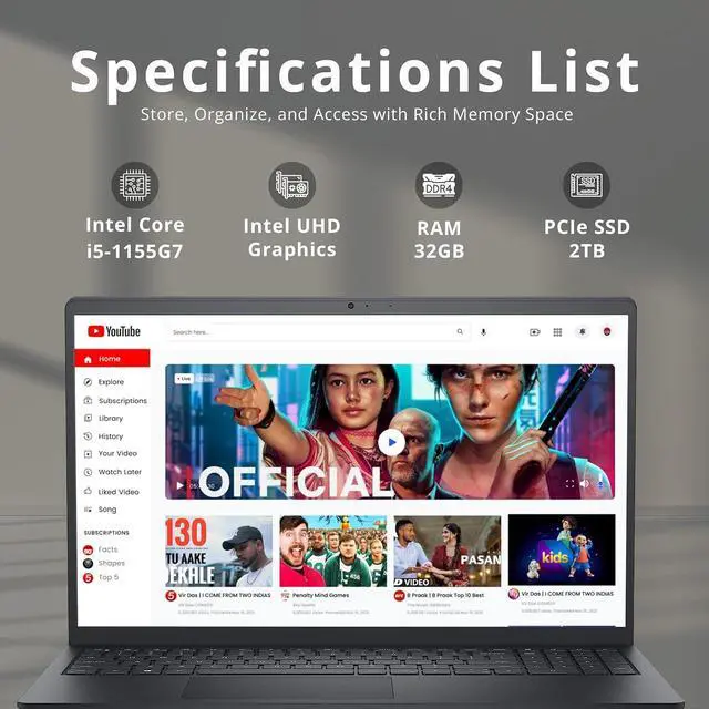 Alt view image 3 of 7 - Dell Inspiron 15 3520 Laptop, 15.6" FHD Touchscreen, Intel Gen 11th Core i5 1155G7 Processor, 32GB DDR4 RAM, 2TB PCIe SSD, Intel UHD Graphics, Wi-Fi 5, Windows 11 Pro, Black