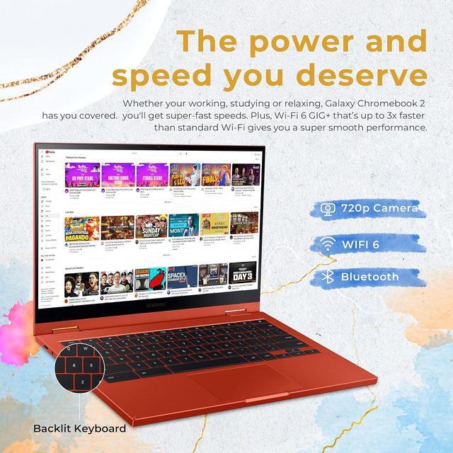 Alt view image 6 of 7 - Samsung Galaxy Chromebook 2 Laptop, 13.3" QLED Touch Screen, Intel Core i3-10110U, 8GB RAM, 128GB eMMC, Intel UHD Graphics, Backlit Keyboard, Wi-Fi 6, Chrome OS, Fiesta Red, 128GB Hotface USB Card