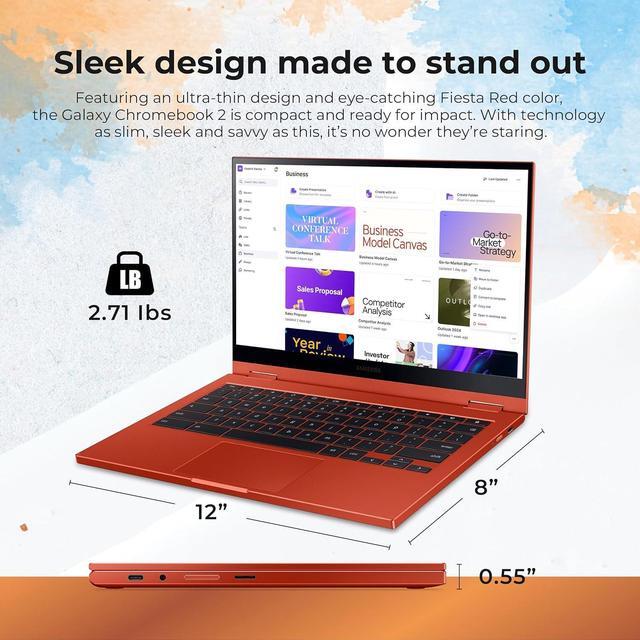 Alt view image 4 of 7 - Samsung Galaxy Chromebook 2 Laptop, 13.3" QLED Touch Screen, Intel Core i3-10110U, 8GB RAM, 128GB eMMC, Intel UHD Graphics, Backlit Keyboard, Wi-Fi 6, Chrome OS, Fiesta Red, 128GB Hotface USB Card