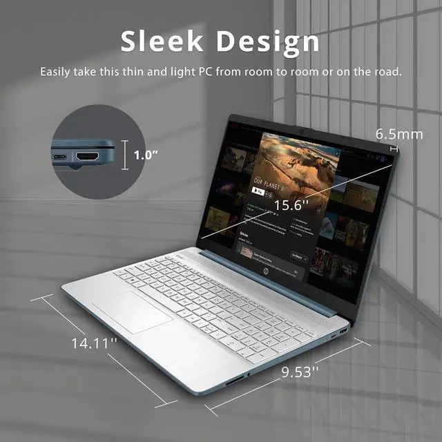 Alt view image 5 of 6 - HP 15.6" HD Everyday Laptop, Intel Pentium Silver N5030, 16GB RAM, 256GB PCIe SSD, Intel UHD Graphics 605, Island-Style Keyboard, Fast Charge, HD Camera, Win 11, Blue, 32GB USB Card (Renewed)