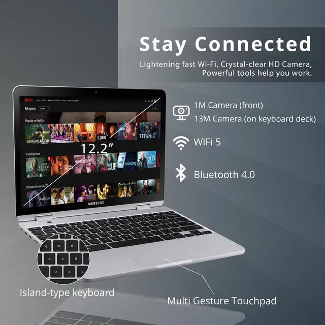 Alt view image 3 of 7 - Samsung Plus V2 2-in-1 12.2" FHD Touchscreen Chromebook Laptop, Intel Celeron 3965Y, 4GB RAM, 64GB eMMC, Wi-Fi, Bluetooth, SD Reader, Stylus Pen, Chrome OS, Silver, 128GB USB Card