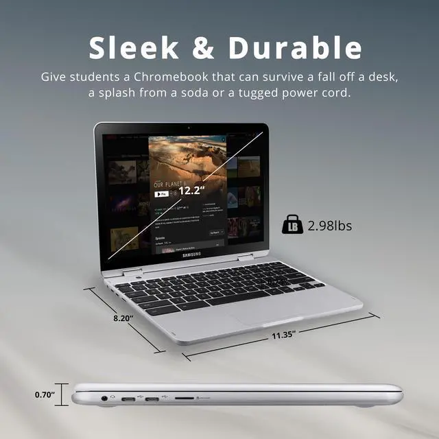 Alt view image 7 of 7 - Samsung Plus V2 2-in-1 12.2" FHD Touchscreen Chromebook Laptop, Intel Celeron 3965Y, 4GB RAM, 64GB eMMC, Wi-Fi, Bluetooth, SD Reader, Stylus Pen, Chrome OS, Silver, 128GB USB Card