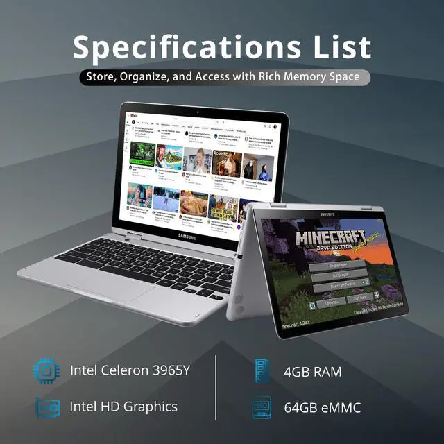 Alt view image 2 of 7 - Samsung Plus V2 2-in-1 12.2" FHD Touchscreen Chromebook Laptop, Intel Celeron 3965Y, 4GB RAM, 64GB eMMC, Wi-Fi, Bluetooth, SD Reader, Stylus Pen, Chrome OS, Silver, 128GB USB Card