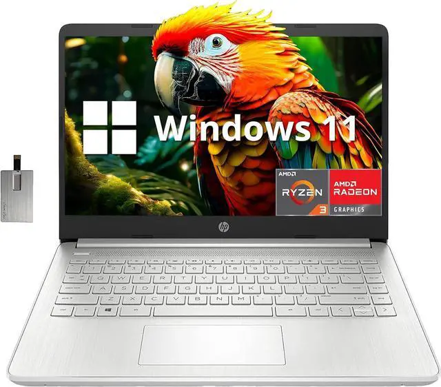Main image of HP 14" FHD IPS-Type Lightweight Laptop, AMD Ryzen 3-3250U, 32GB RAM, 512GB PCIe SSD, AMD Radeon Graphics, True Vision HD Camera, Wi-Fi 5, Bluetooth, Windows 11, Silver, 32GB Snowbell USB Card