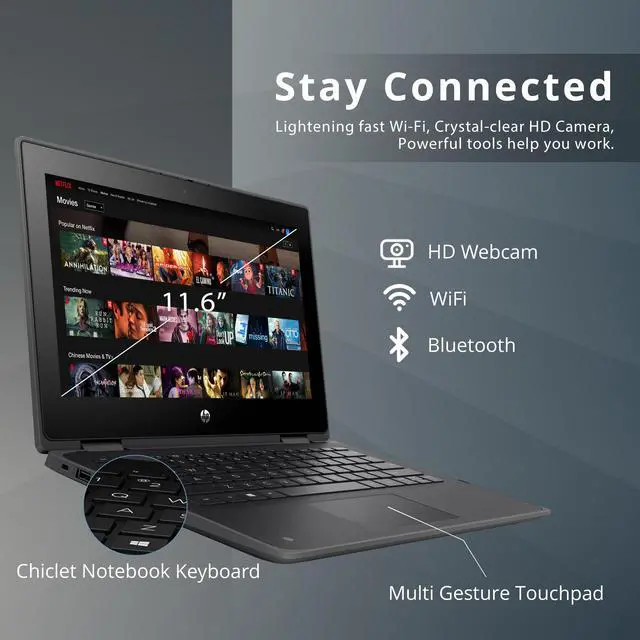 Alt view image 3 of 7 - HP ProBook x360 11 G5 EE Laptop, 11.6" HD IPS Touchscreen, Intel Celeron N4020, 4GB RAM, 64GB Flash Memory, HD Webcam & 5MP Camera, WiFi 5, Bluetooth, Win 10 Pro, Chalkboard Gray, 32GB USB Card