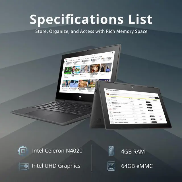 Alt view image 2 of 7 - HP ProBook x360 11 G5 EE Laptop, 11.6" HD IPS Touchscreen, Intel Celeron N4020, 4GB RAM, 64GB Flash Memory, HD Webcam & 5MP Camera, WiFi 5, Bluetooth, Win 10 Pro, Chalkboard Gray, 32GB USB Card