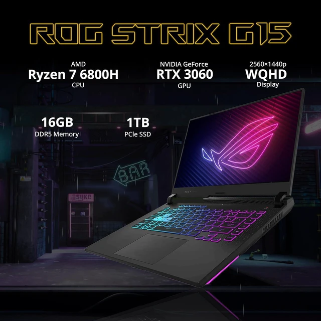 Alt view image 2 of 7 - ASUS ROG Strix G15 15.6" 165Hz WQHD Gaming Laptop, AMD Ryzen7 6800H, GeForce RTX 3060, 32GB DDR5, 2TB SSD, RGB Keyboard, VR-Ready, Intelligent Cooling, Gray, Win 11 Pro, 32GB Hotface USB Card