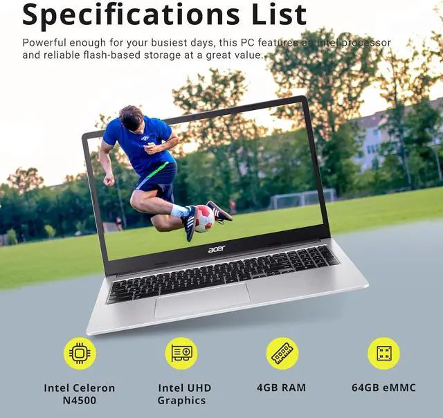 Alt view image 2 of 7 - Acer Chromebook 15.6" Full HD IPS Display, Intel Celeron N4500, 4GB LPDDR4 RAM, 64GB eMMC, Intel UHD Graphics, Numeric Keypad, WiFi 6, HD Webcam, Chrome OS, Pure Silver, 128GB Hotface USB Card