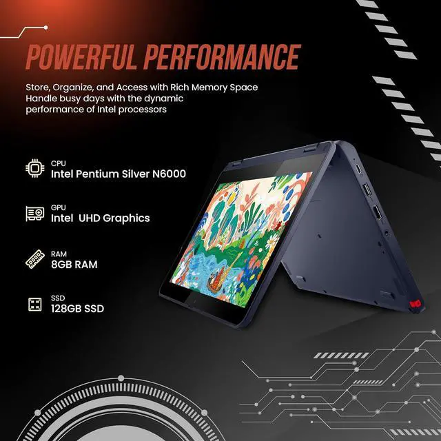 Alt view image 2 of 7 - Lenovo 500w Gen 3 11.6" HD 2-in-1 Touchscreen Laptop, Intel Pentium Silver N6000, 8GB RAM, 256GB Storage (128GB SSD + 128GB USB Card), Intel UHD Graphics, Webcam, Wi-Fi 6, Windows 11 Home, Blue