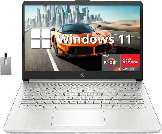 Main image of HP 14" FHD IPS-Type Lightweight Laptop, AMD Ryzen 3-3250U, 16GB RAM, 512GB PCIe SSD, AMD Radeon Graphics, True Vision HD Camera, Wi-Fi 5, Bluetooth, Win 11, Silver, 32GB USB Card