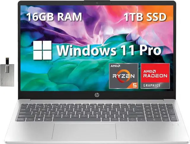 Main image of HP 15.6" Full HD Laptop, AMD Ryzen 5 7520U, 16GB DDR5 RAM, 1TB SSD, AMD Radeon Graphics, HD Camera, Wi-Fi 6, Win 11 Pro, Silver, 32GB Hotface USB Card