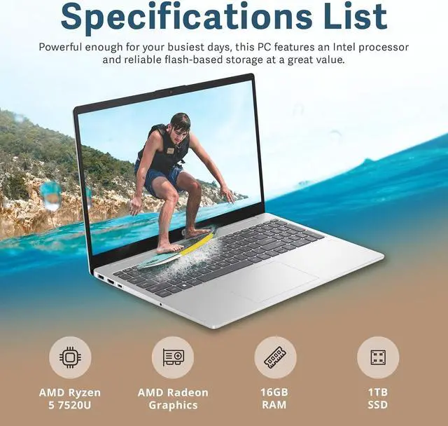 Alt view image 2 of 7 - HP 15.6" Full HD Laptop, AMD Ryzen 5 7520U, 16GB DDR5 RAM, 1TB SSD, AMD Radeon Graphics, HD Camera, Wi-Fi 6, Win 11 Pro, Silver, 32GB Hotface USB Card
