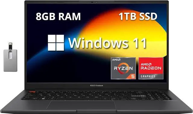 Main image of ASUS VivoBook S 15 Slim 15.6" FHD Laptop, AMD Ryzen 5 5600H, 8GB RAM, 1TB SSD, AMD Radeon Graphics, Backlit Keyboard, Webcam, Windows 11 Home, Indie Black, 32GB Hotface USB Card