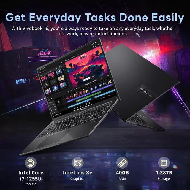 Alt view image 3 of 7 - ASUS Vivobook 16" FHD WUXGA Laptop, Intel i7-1255U, 40GB RAM, 1.28TB Storage(1TB SSD+288GB Docking Station Set), Intel Iris Xe Graphics, Numeric Keypad, Webcam, WiFi, Bluetooth, Win 11 Home, Black