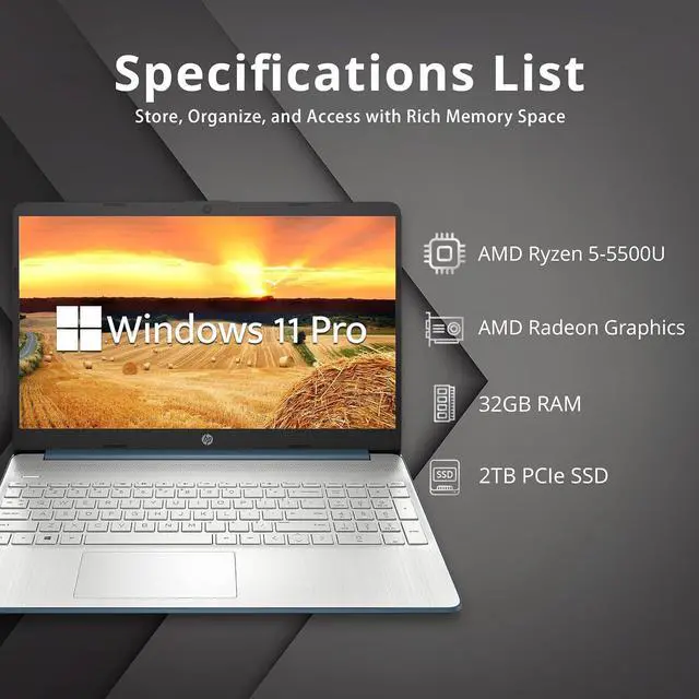 Alt view image 2 of 7 - HP 15.6" FHD Laptop, AMD Ryzen 5-5500U Processor(Beats Intel i7-1065G7), 32GB RAM, 2TB PCIe SSD, AMD Radeon Graphics, HD Webcam, Bluetooth, Wi-fi, Win 11 Pro, Blue, 32GB USB Card 32GB / 2TB PCIe SSD