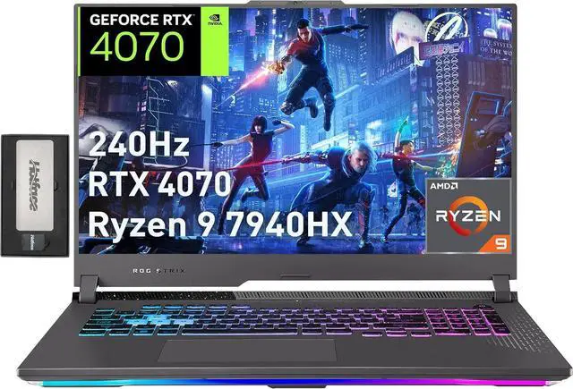 Main image of ASUS ROG Strix G17 Gaming Laptop, 17.3" QHD 240Hz Display, AMD Ryzen 9 7940HX, GeForce RTX 4070, 16GB DDR5, 1TB SSD, RGB Backlit Keyboard, Wi-Fi 6E, Win 11 Pro, Gray, 256GB Docking Station Set