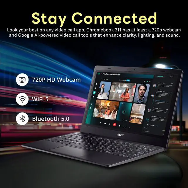 Alt view image 3 of 7 - Acer Chromebook 311 | 11.6" HD Display | 4GB LPDDR4X RAM | 64GB eMMC | Intel Celeron N4500 | Intel UHD Graphics | Black | Chrome OS | HD Webcam | WiFi 5