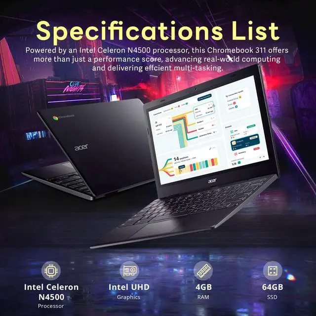 Alt view image 2 of 7 - Acer Chromebook 311 | 11.6" HD Display | 4GB LPDDR4X RAM | 64GB eMMC | Intel Celeron N4500 | Intel UHD Graphics | Black | Chrome OS | HD Webcam | WiFi 5