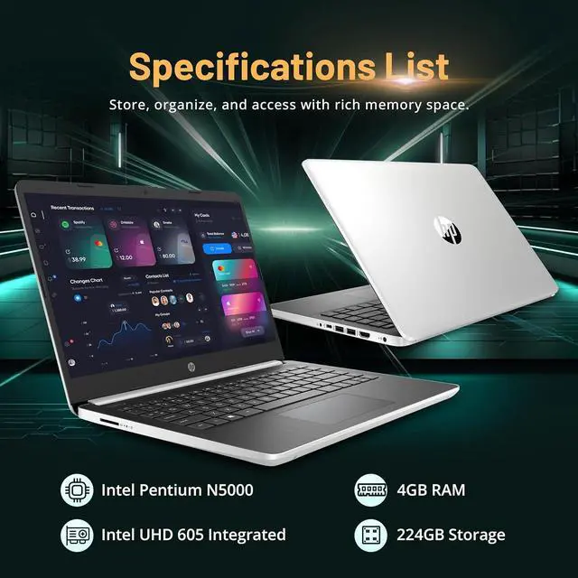 Alt view image 6 of 6 - HP 14'' FHD Laptop, Intel Pentium Silver N5000, 4GB DDR4 RAM, 224GB Storage(64GB eMMC + 160GB Docking Station Set), Intel UHD Graphics 605, 720p Webcam, Wi-Fi 5, Windows 10 S, Silver