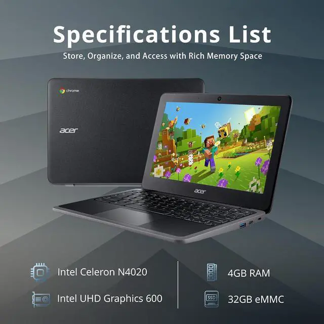 Alt view image 2 of 7 - acer Chromebook 311 11.6" HD IPS Laptop, Intel Celeron N4020, 4GB LPDDR4 RAM, 32GB eMMC, Intel UHD Graphics 600, Wi-Fi 5, 720p HD Camera, Chrome OS, Charcoal Black (Renewed)