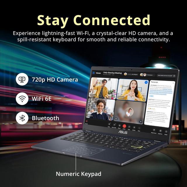 Alt view image 4 of 7 - ASUS 14" FHD Laptop, Intel Celeron N4500 Processor, 4GB RAM, 224GB Storage(64GB eMMC+160GB Docking Station Set), Intel Iris Xe Graphics, 720P Camera, Bluetooth, Win 11 S, Quiet Blue