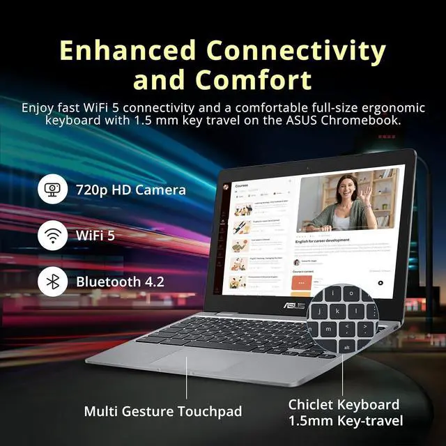Alt view image 3 of 7 - ASUS Chromebook C223NA-DH02 11.6" HD, Intel Dual-Core Celeron N3350 Processor (Up to 2.4GHz) 4GB RAM, 32GB eMMC Storage, Grey (Renewed)