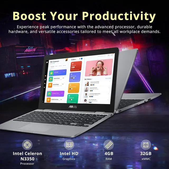 Alt view image 2 of 7 - ASUS Chromebook C223NA-DH02 11.6" HD, Intel Dual-Core Celeron N3350 Processor (Up to 2.4GHz) 4GB RAM, 32GB eMMC Storage, Grey (Renewed)